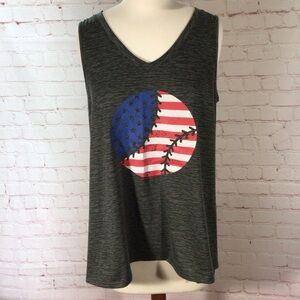 LuLaRoe Gray Sleeveless American Flag Baseball V-Neck High Low Top - Size XS